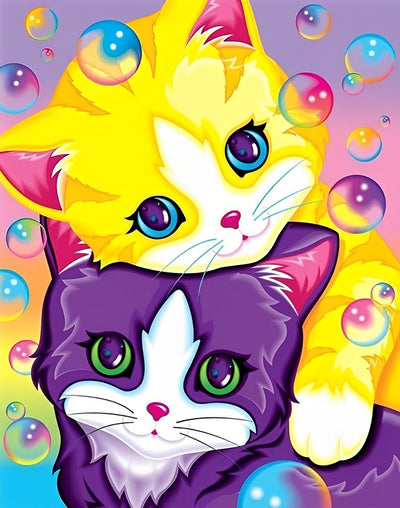 Lila Katze, gelbe Katze und Seifenblasen Diamond Painting