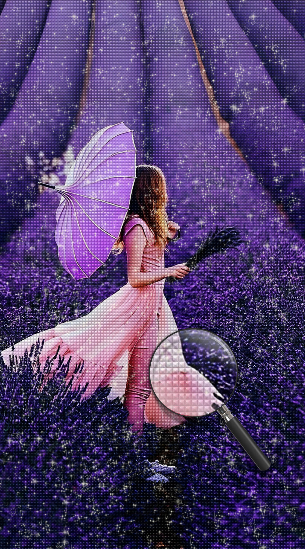 Lila Lavendelfeld und schöne Frau Diamond Painting