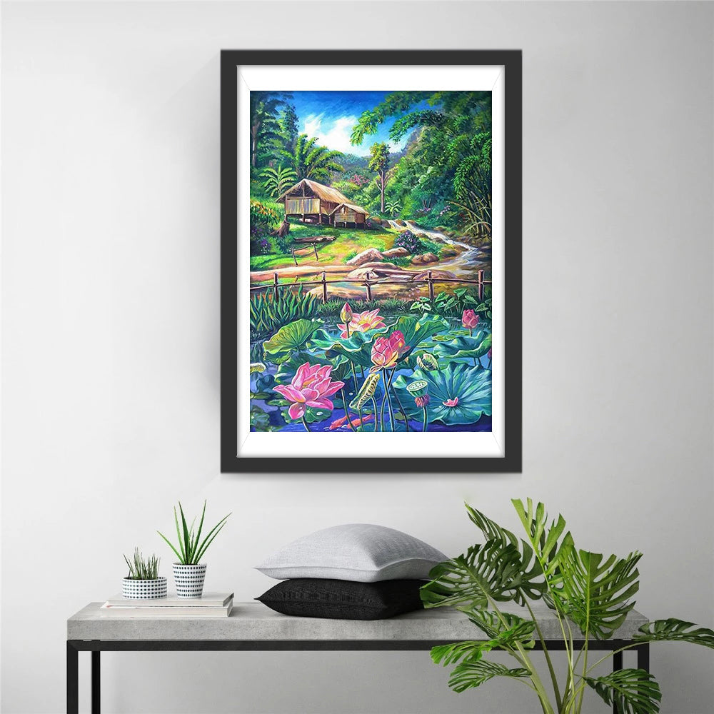 Lotusteich und Holzhütte im Sommer Diamond Painting