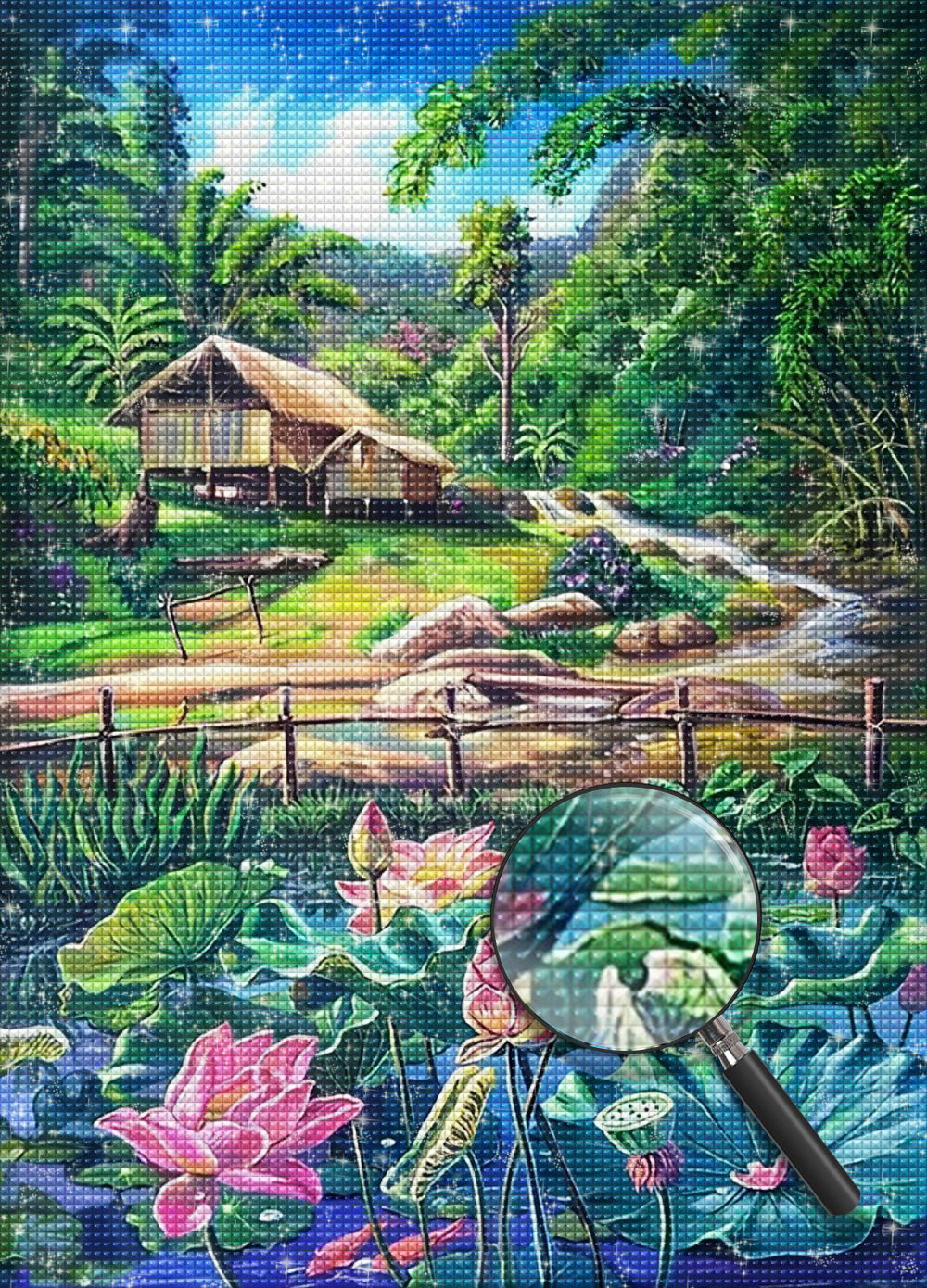 Lotusteich und Holzhütte im Sommer Diamond Painting