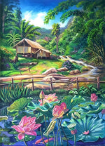Lotusteich und Holzhütte im Sommer Diamond Painting