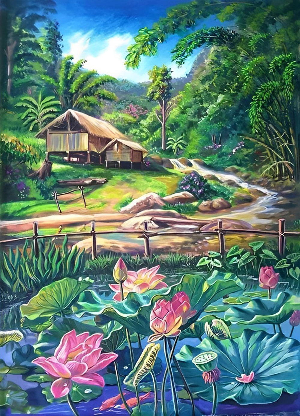 Lotusteich und Holzhütte im Sommer Diamond Painting