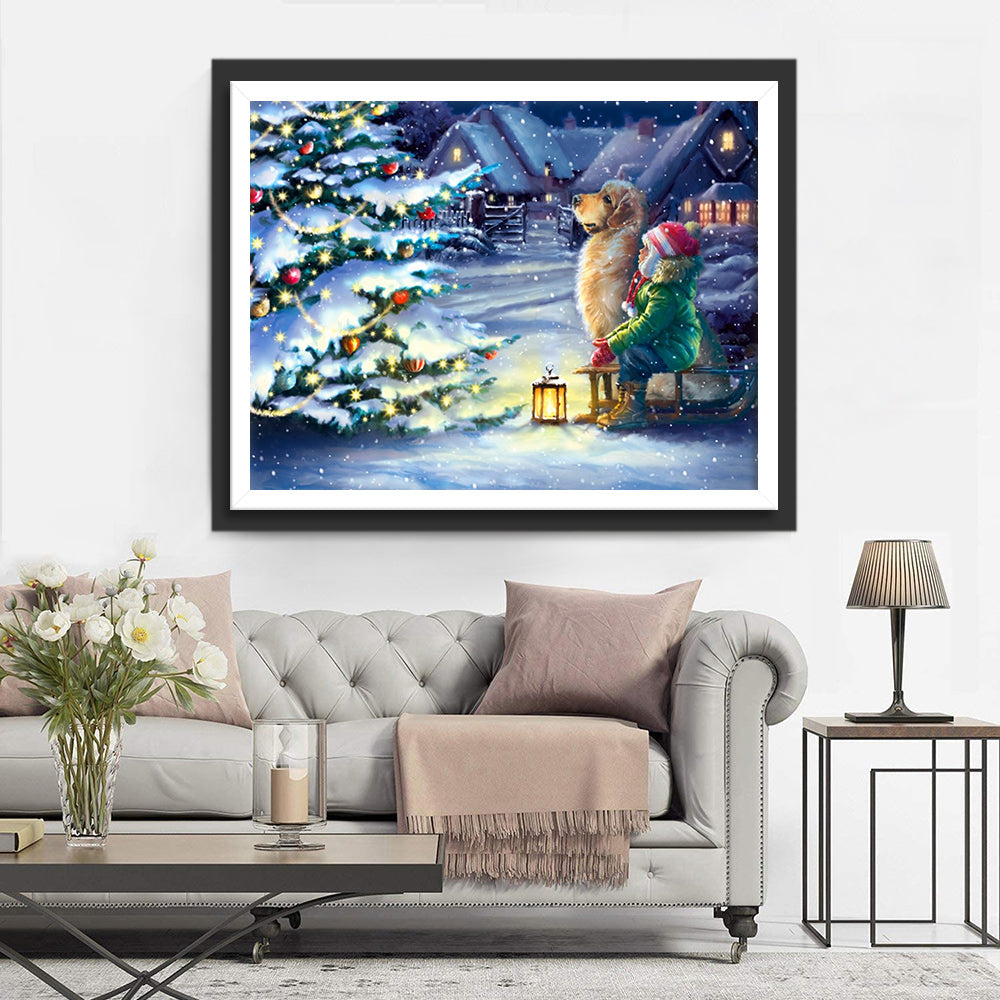 Mädchen Hund Weihnachtsbaum Diamond Painting