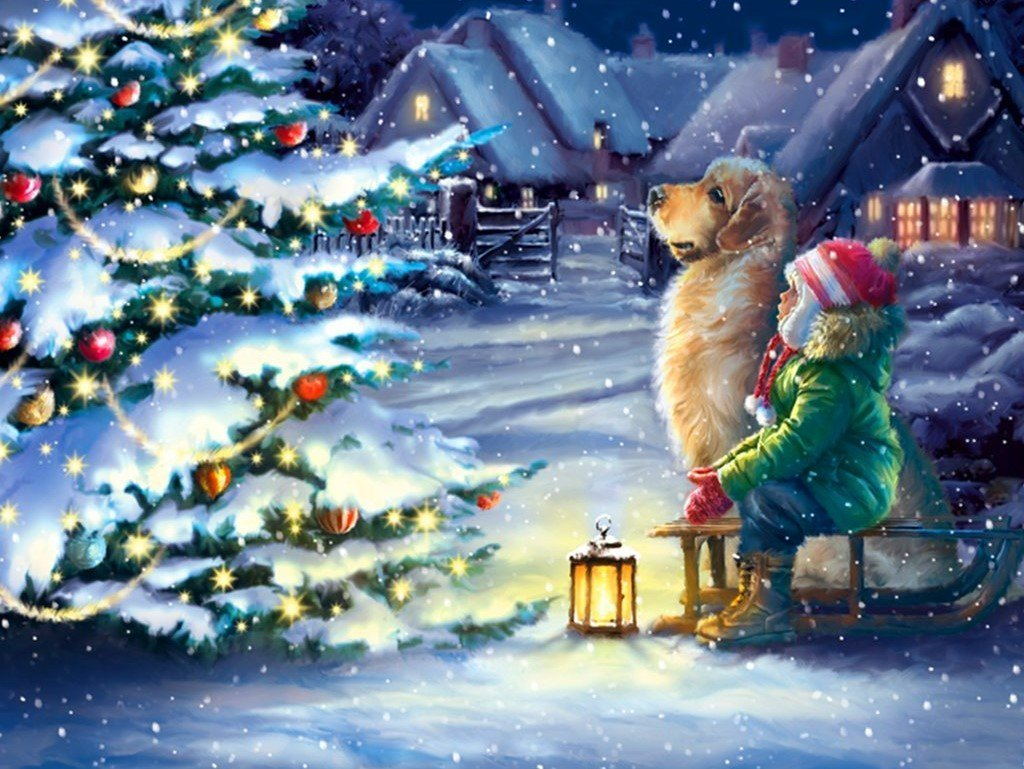 Mädchen Hund Weihnachtsbaum Diamond Painting