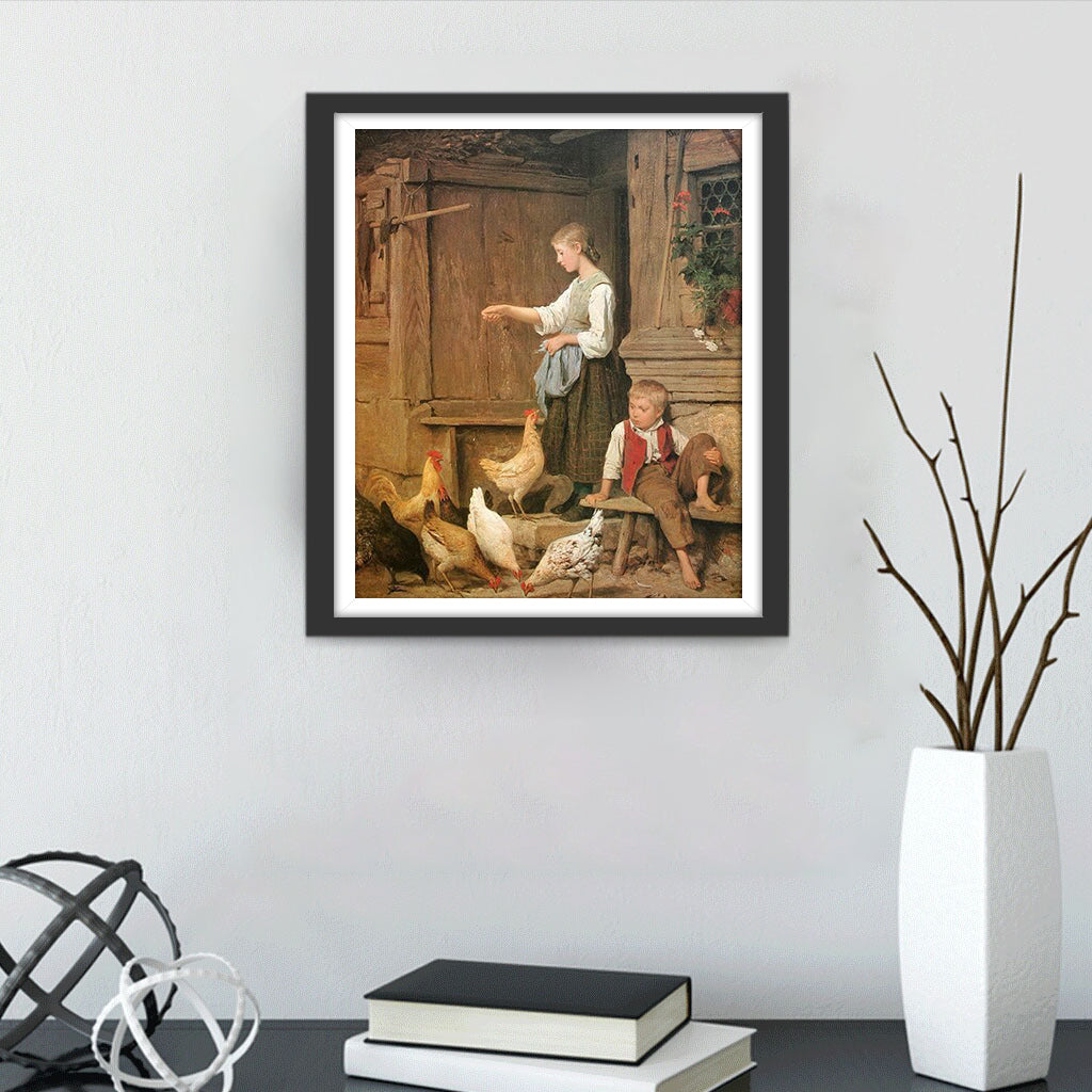 Mädchen und Hühner Diamond Painting