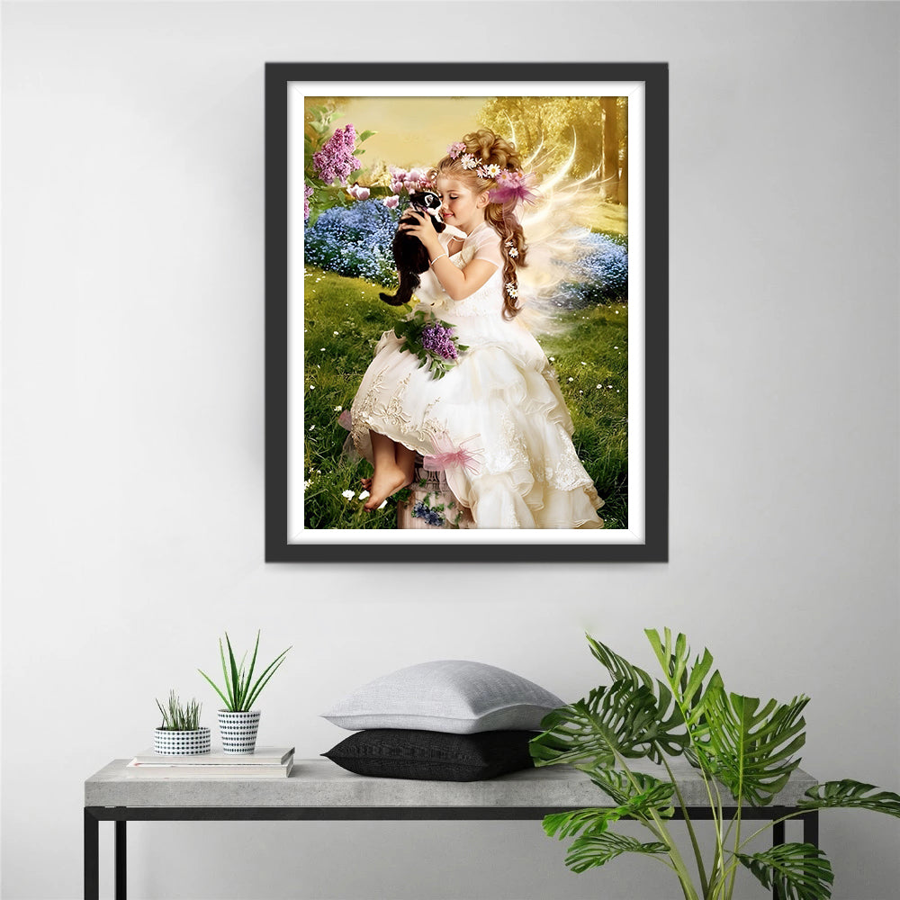 Mädchen und Katze auf dem Gras Diamond Painting