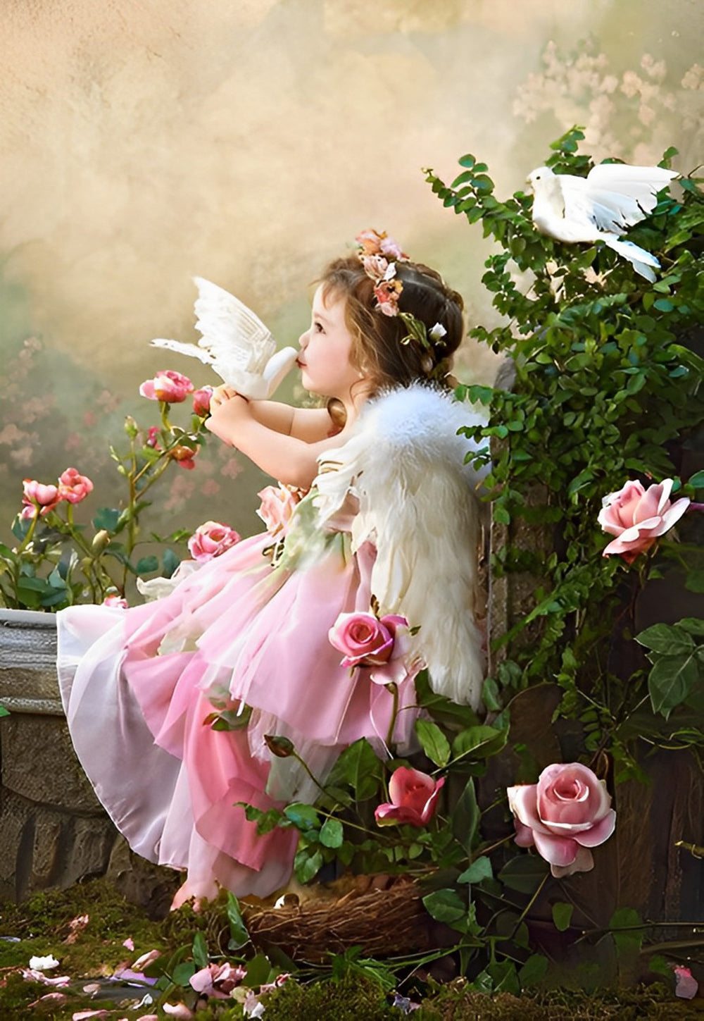 Mädchen und Tauben im Garten Diamond Painting