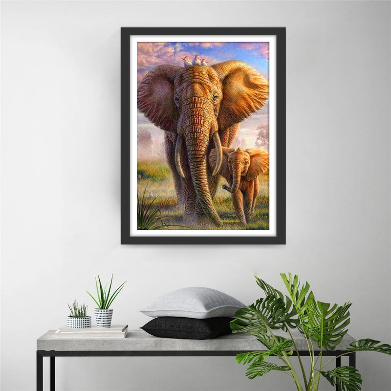 Migrierende Mutter Elefant mit ihrem Baby Diamond Painting