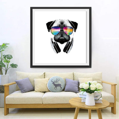 Musik hörender Hund mit farbiger Brille Diamond Painting