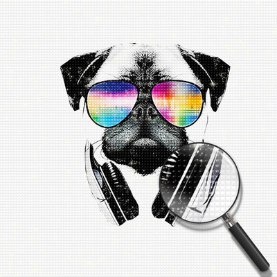 Musik hörender Hund mit farbiger Brille Diamond Painting