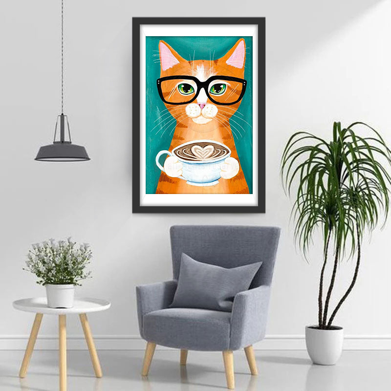 Orange Katze mit Kaffeetasse Diamond Painting