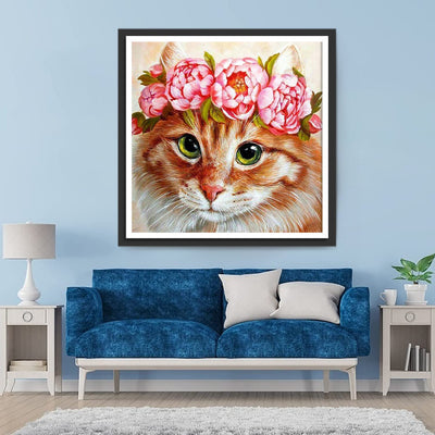 Orange Katze mit Pfingstrosen Diamond Painting