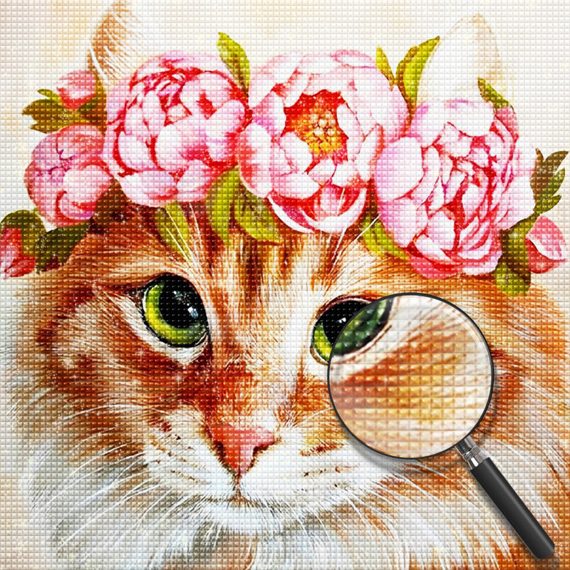 Orange Katze mit Pfingstrosen Diamond Painting