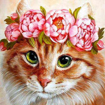 Orange Katze mit Pfingstrosen Diamond Painting