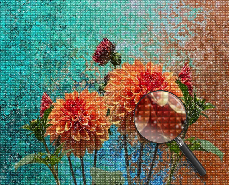 Orangefarbene Dahlien und rote Blütenknospen Diamond Painting