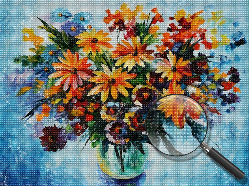 Orangefarbene Gänseblümchen in der Glasflasche Diamond Painting