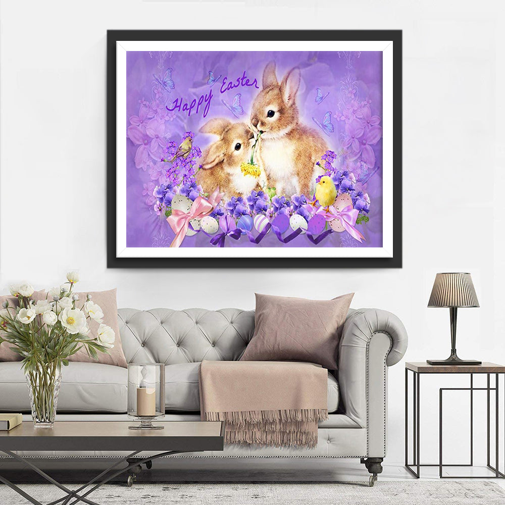 Osterhasen und lila Blumen Diamond Painting