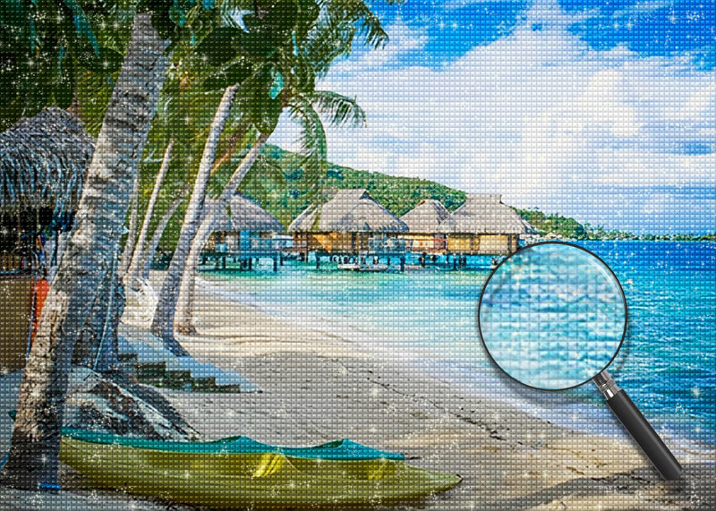 Palmen und Hütte am Strand Diamond Painting