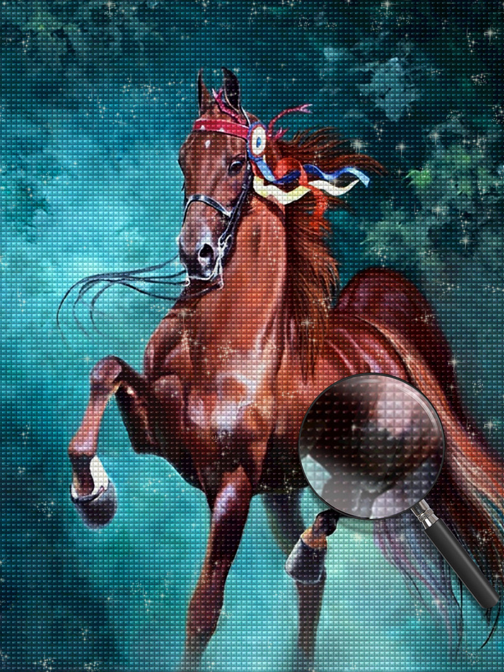 Pferd im Wald mit grünem Licht Diamond Painting