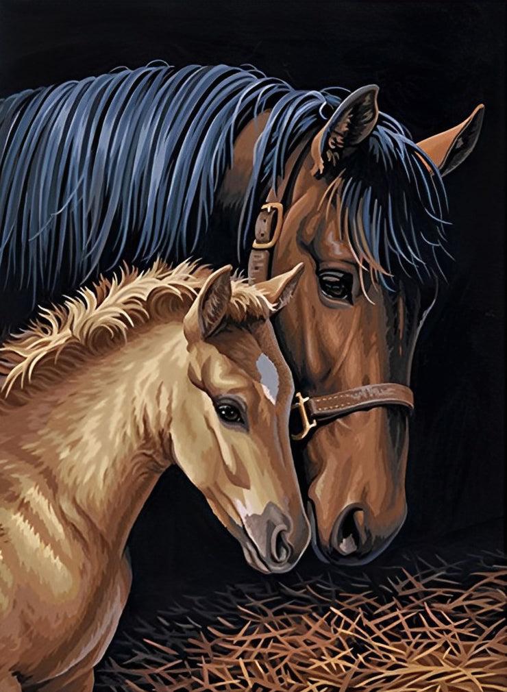 Pferde im Zimmer voller Heu Diamond Painting