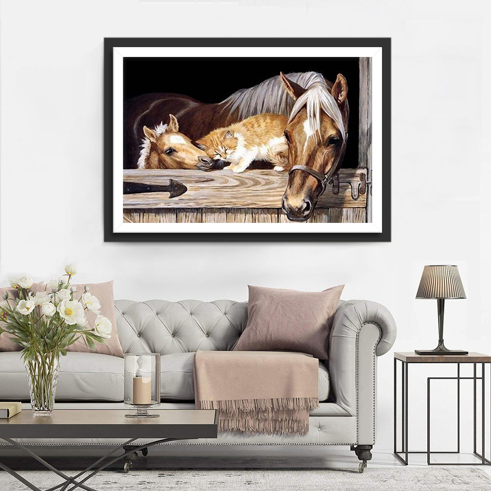 Pferde und Katze im Stall Diamond Painting