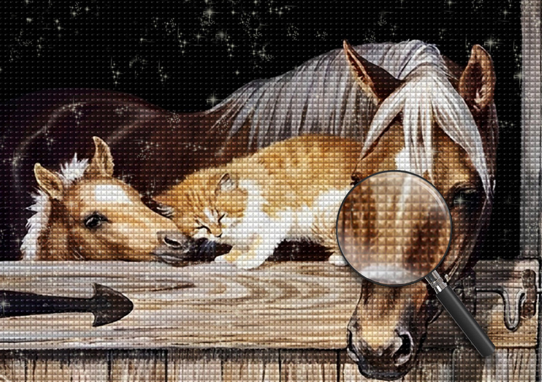 Pferde und Katze im Stall Diamond Painting