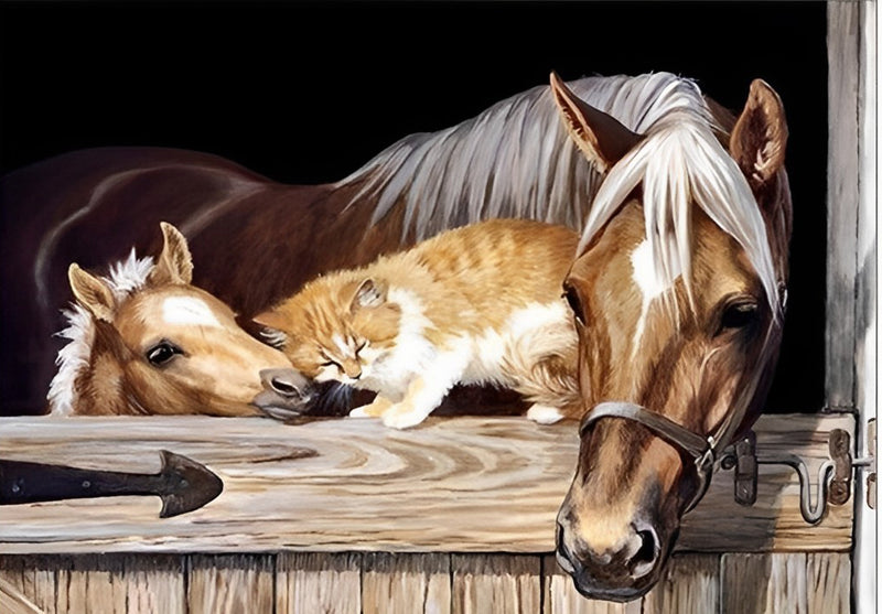Pferde und Katze im Stall Diamond Painting