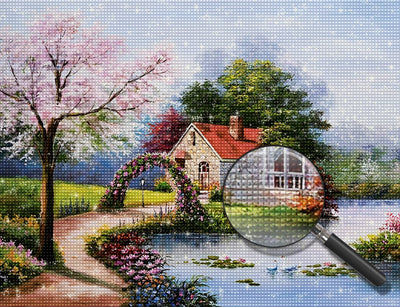 Pfirsichbaum, Teich und Steinhaus Diamond Painting