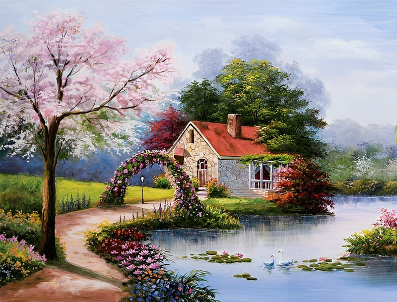 Pfirsichbaum, Teich und Steinhaus Diamond Painting