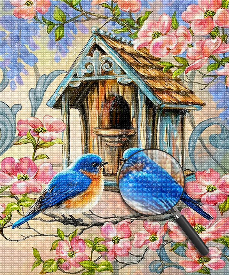 Pfirsichblüten, Vögel und Vogelhaus Diamond Painting