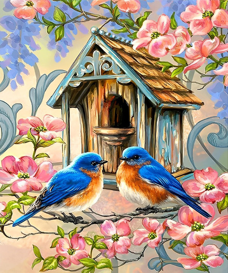 Pfirsichblüten, Vögel und Vogelhaus Diamond Painting