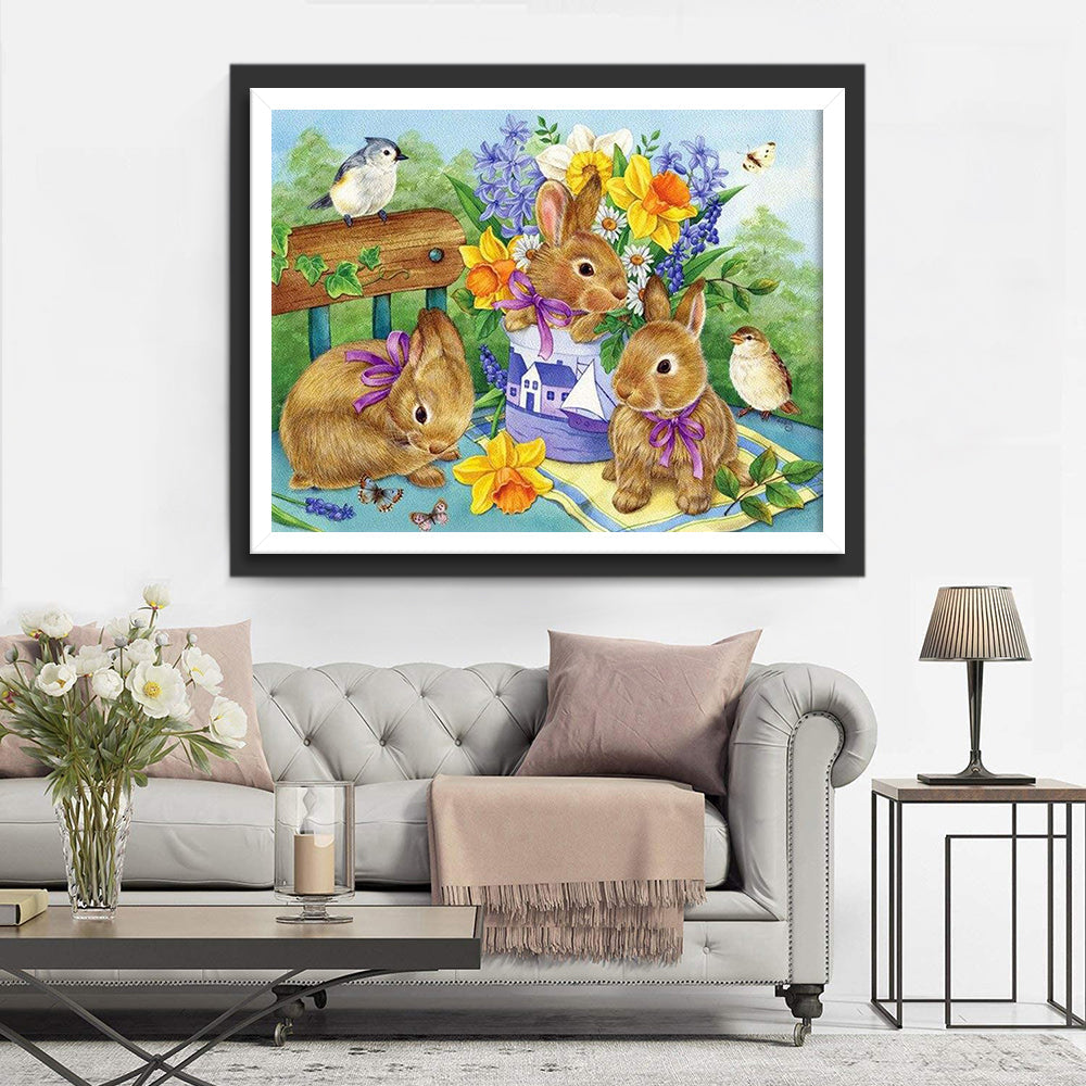 Picknick Hasen Blumen Diamond Painting