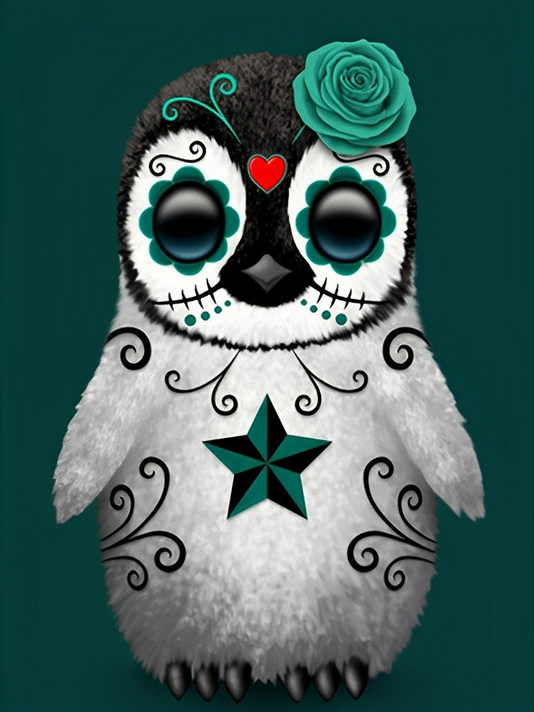 Pinguin mit grüner Rose Diamond Painting
