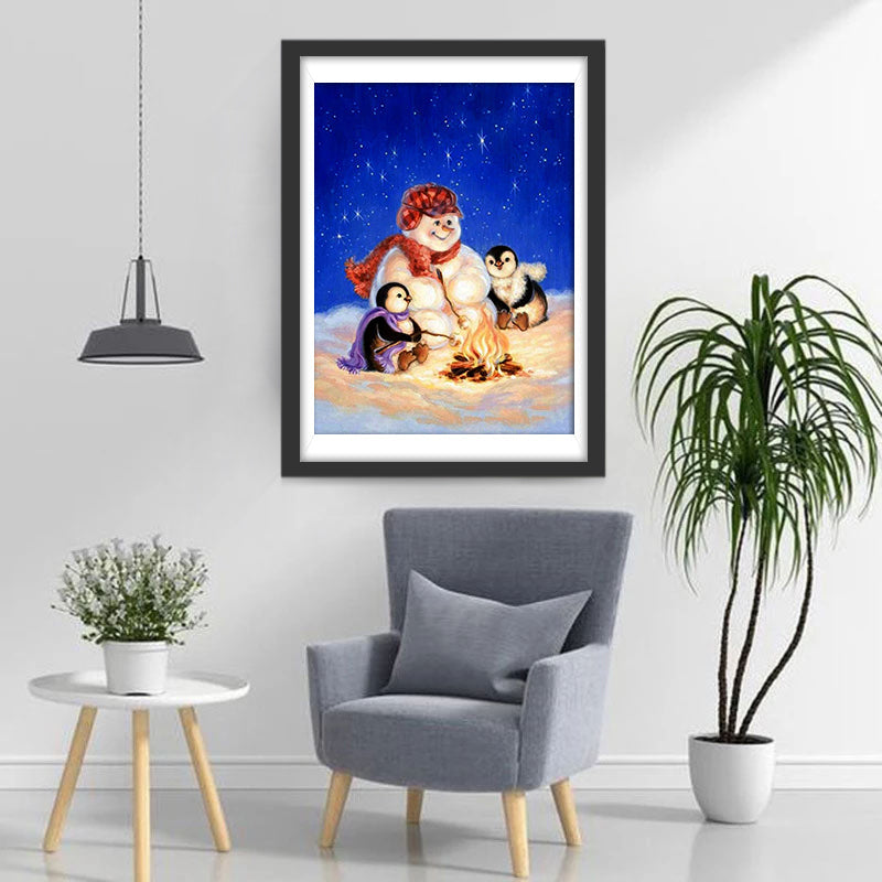 Pinguine und Schneemann unter dem Sternenhimmel Diamond Painting