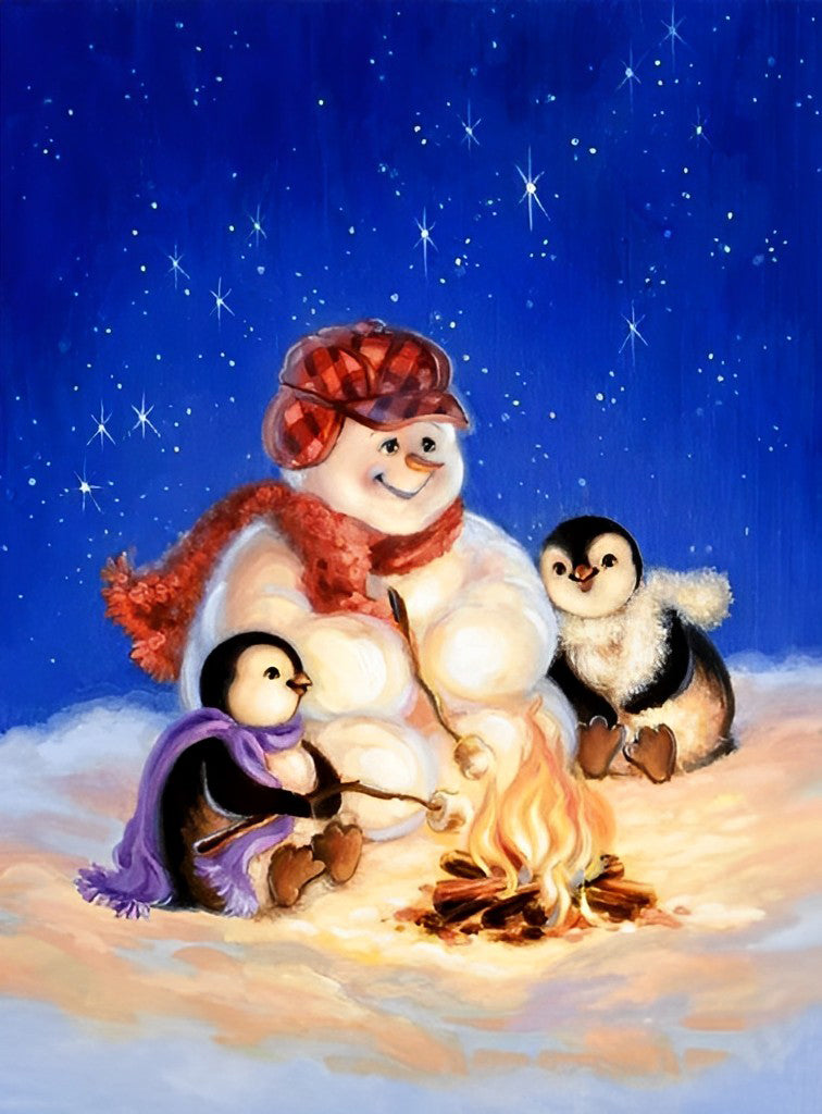 Pinguine und Schneemann unter dem Sternenhimmel Diamond Painting