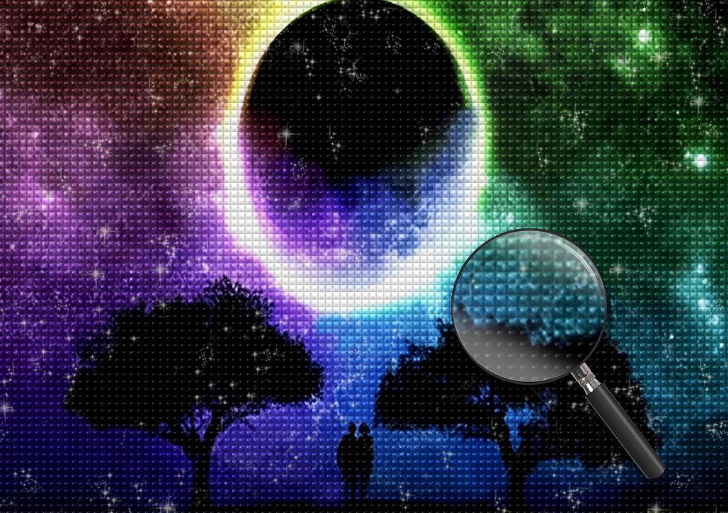 Planet, Liebespaar und Bäume Diamond Painting