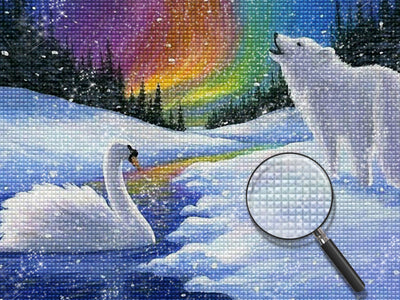 Polarlicht, weißer Wolf und Schwan Diamond Painting