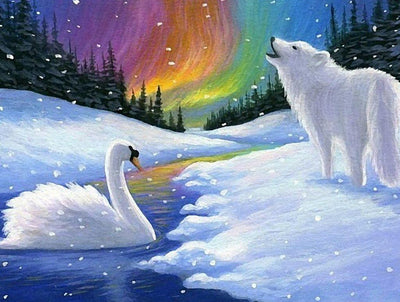 Polarlicht, weißer Wolf und Schwan Diamond Painting