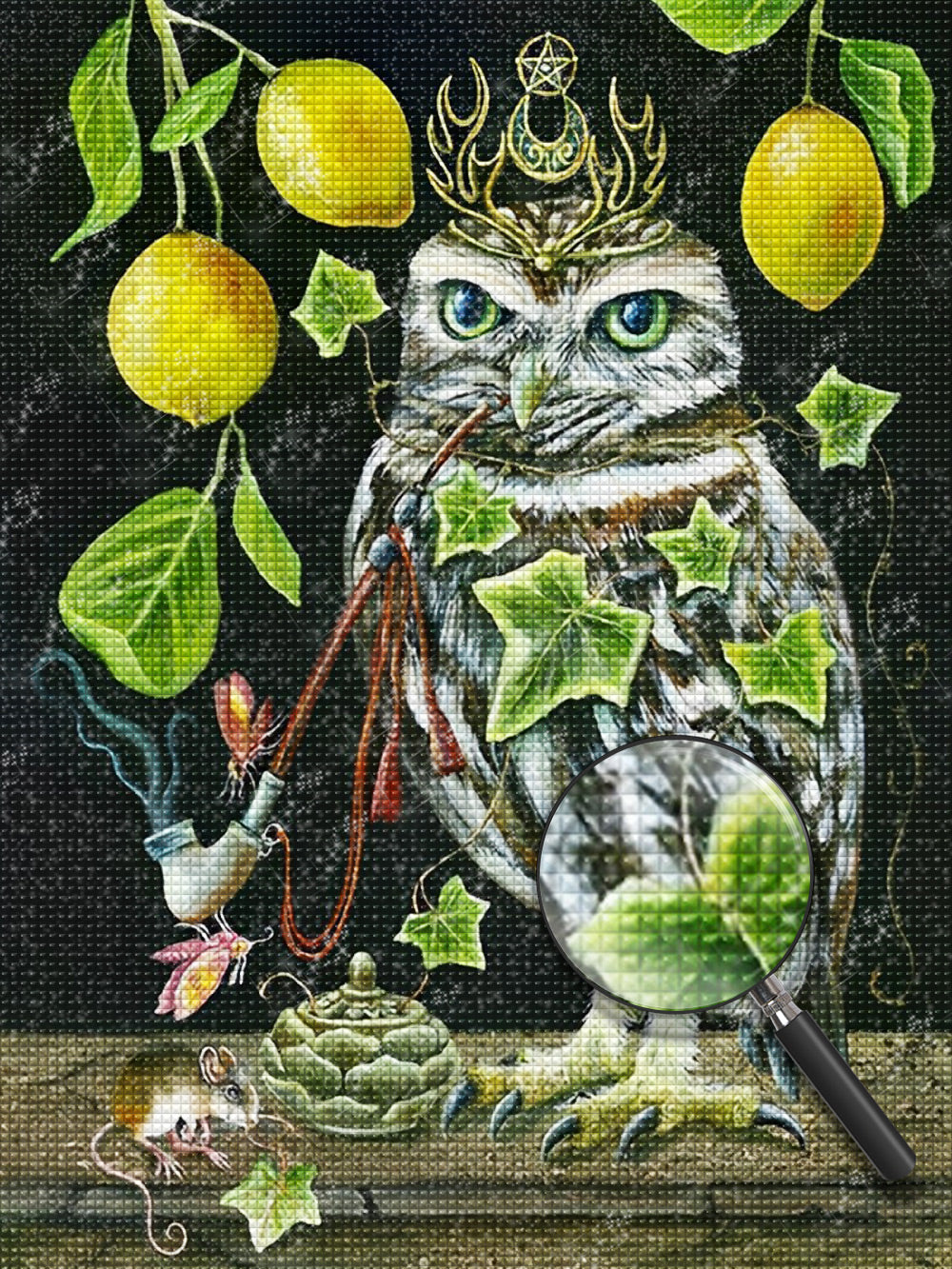 Rauchende Eule und Zitronen Diamond Painting