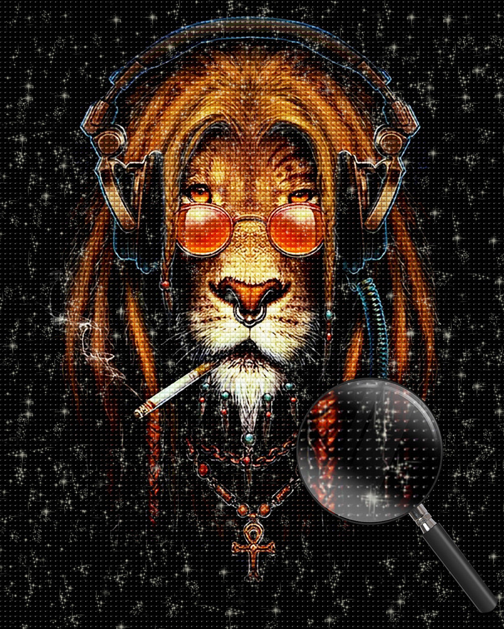 Rauchender und Musik hörender Löwe Diamond Painting