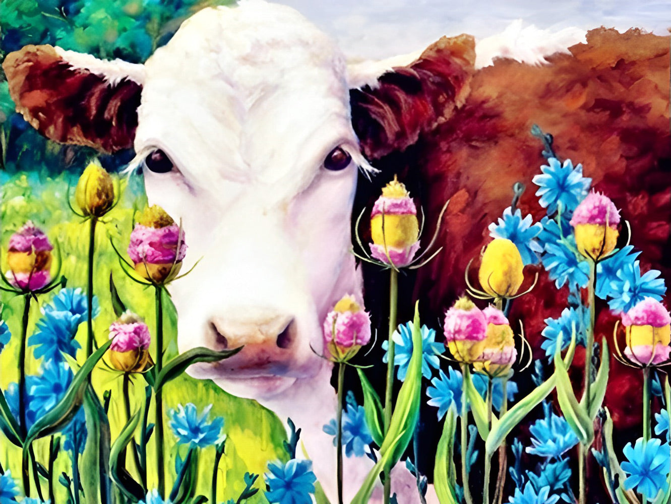 Rind in den Blumen Diamond Painting