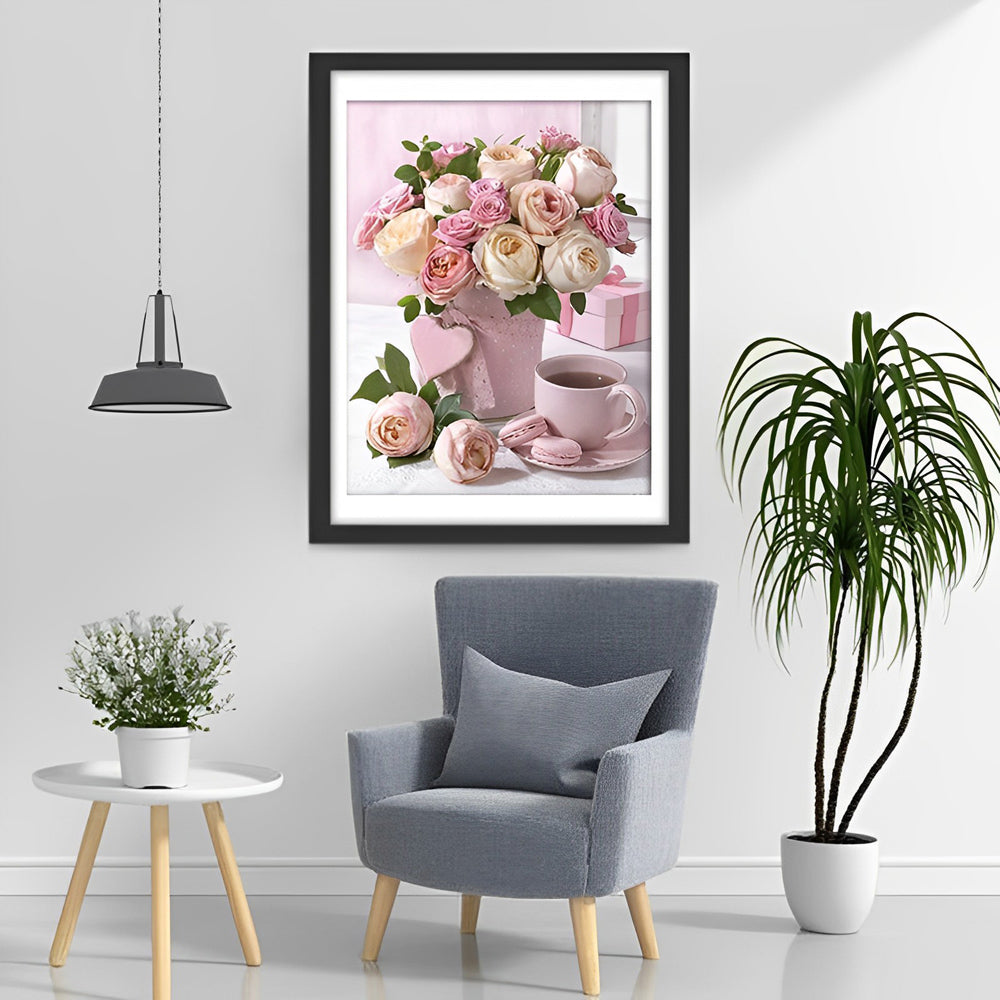 Rosa Blumenstrauß, Kaffee und Geschenk Diamond Painting