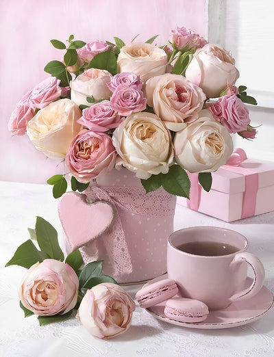 Rosa Blumenstrauß, Kaffee und Geschenk Diamond Painting