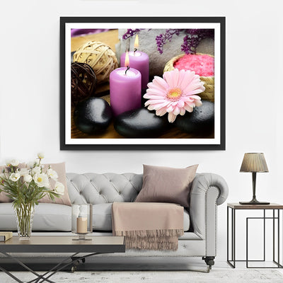 Rosa Chrysantheme, Steine und Kerzen Diamond Painting