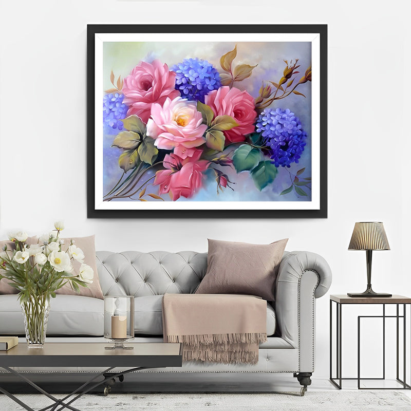 Rosa Pfingstrosen und blau Hortensien Diamond Painting