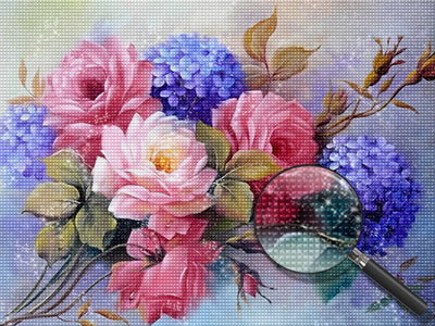 Rosa Pfingstrosen und blau Hortensien Diamond Painting