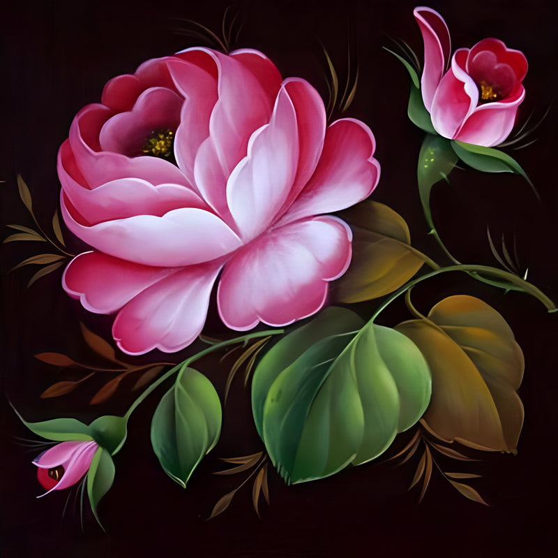 Rosa Pfingstrosen und grüne Blätter Diamond Painting