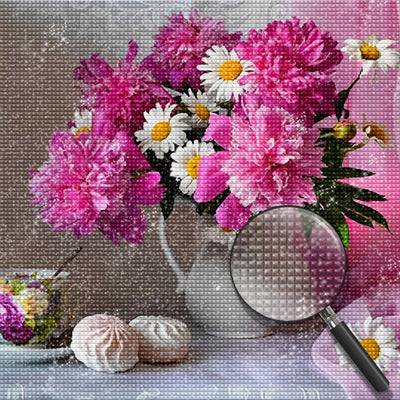 Rosa Pfingstrosen und weiße Gänseblümchen Diamond Painting