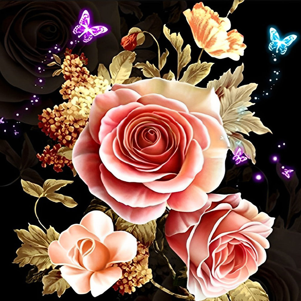 Rosa Rosen, goldene Blätter und Schmetterlinge Diamond Painting