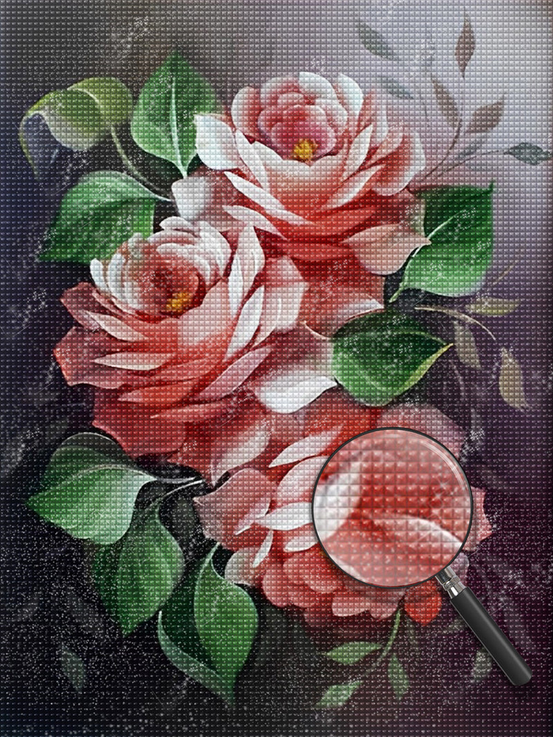 Rosa Rosen und grüne Blätter Diamond Painting